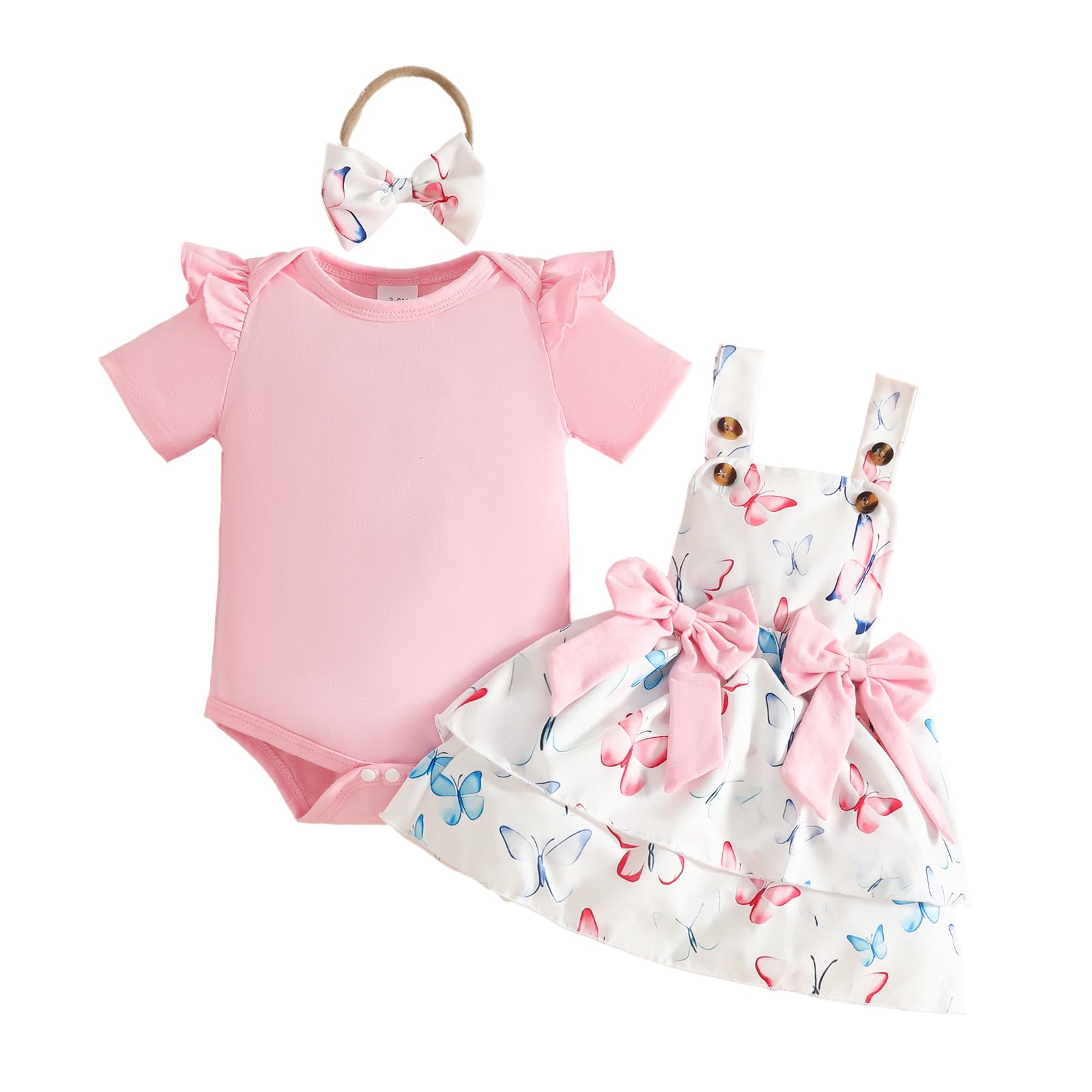 Conjuntos Falda Para Niña Recién Nacida Blusa de Manga Corta y Falda con Tirantes y Lazo Ropa de Verano Para Niña Bebé - 1