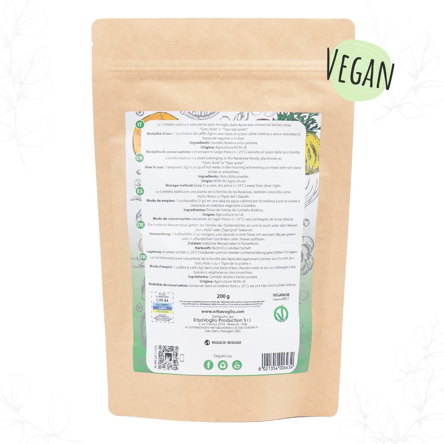 Erbavoglio Polvere di Centella Asiatica - 200 g - Alimento convenzionale - Supporta la salute della pelle, favorisce la circolazione e aiuta a ridurre gli effetti dello stress.