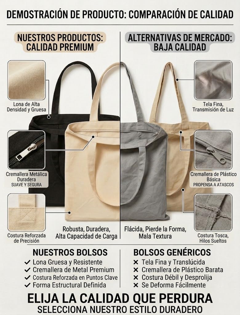 Pack De 1/3/9 Bolsas de Tela Con Cremallera, BEIG/NEGRO 35X40+30CM Gruesa 12A – Tote Bag De Calidad Premiun Reutilizable para Universidad, Trabajo, Compras y DIY — view 4