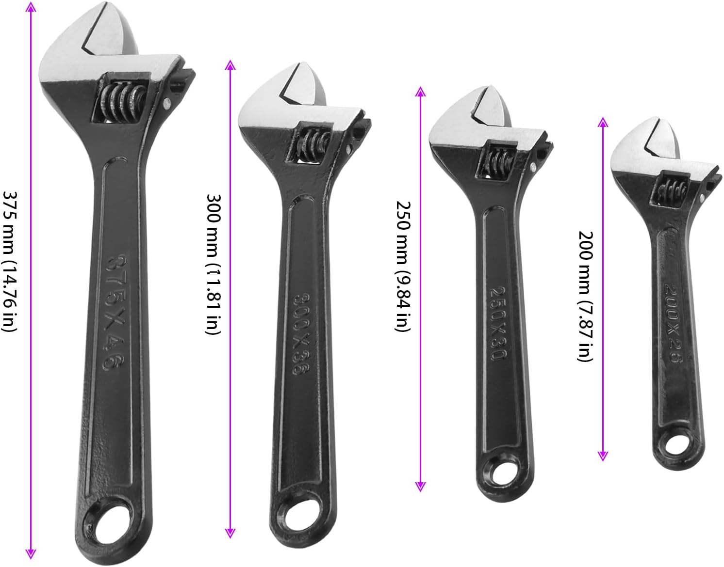 HOIGON Set of 4 Black Adjustable Wrench, 8 10 12 15 Inch Heavy Duty Crescent Wrenches with Wide Jaw and Ergonomic Handle for Machine Maintenance