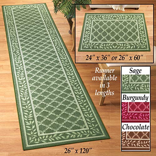 Collections Etc Two-Tone Lattice Rug With Leaf Border With Skid-Resistant Backing, Home Decor And Floor Protection, Sage, 26" X 120" #TOP2