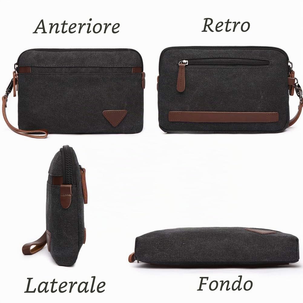 A-QMZL Pochette Uomo Borsello Uomo a Mano da Polso Borsa uomo Tela Elegante Grande Capacità Pochette per Lavoro Viaggio Casual Ufficio Borsetta