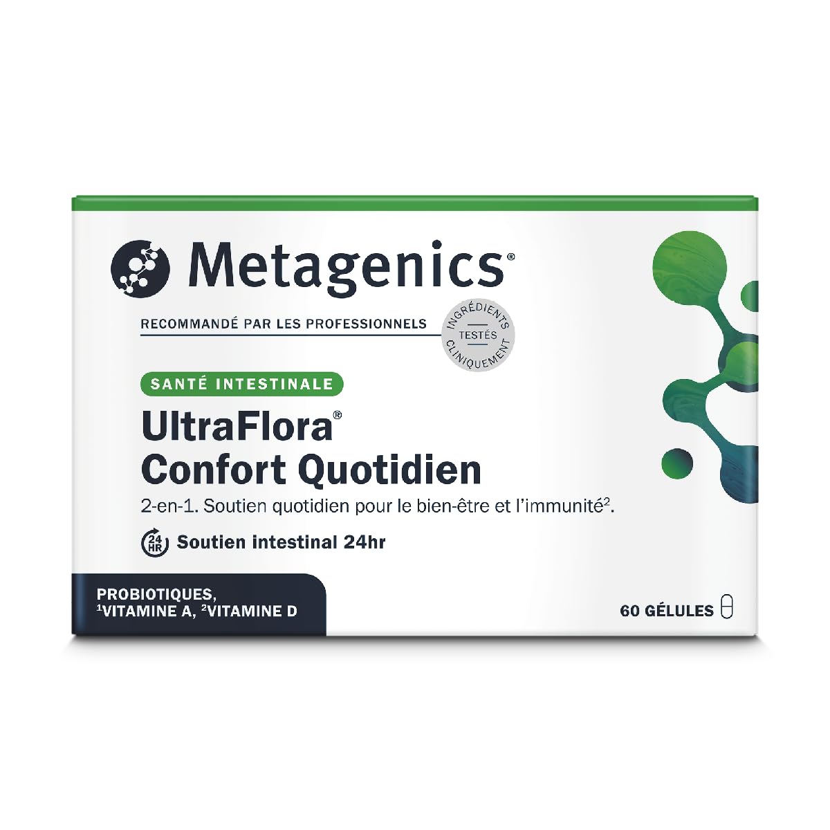Metagenics UltraFlora Confort, Probiotiques, Flore, Vit. D & A 60 Gélules | Ferments lactiques de haute qualité, vitamines D et A. Contribue au fonctionnement normal du système immunitaire.