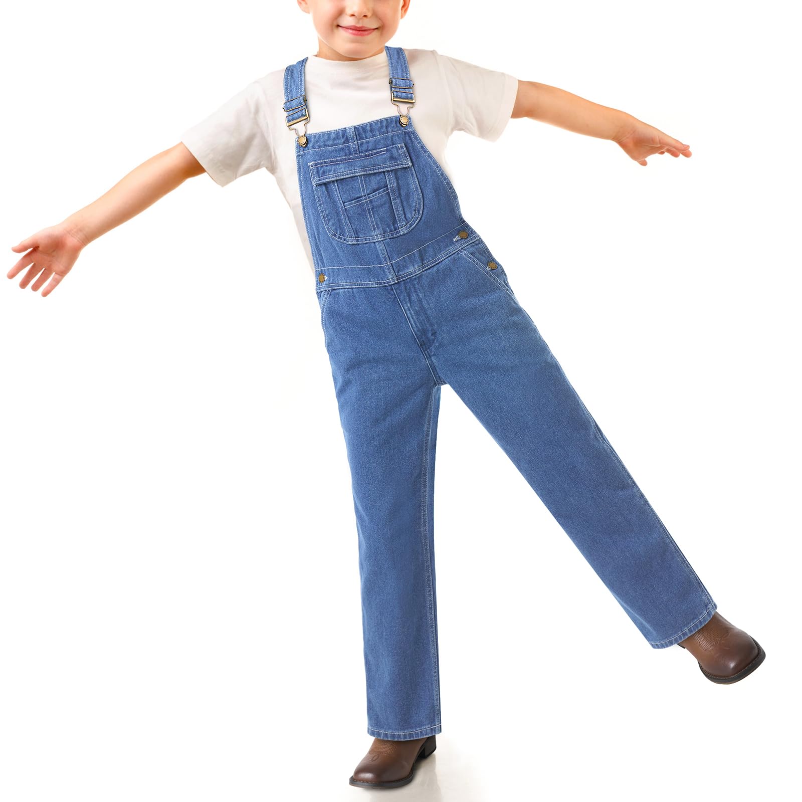 HISEA Salopette en jean pour garçon, taille 4-16, salopette en jean bleu pour enfants avec bretelles réglables, salopette délavée classique pour jeunes