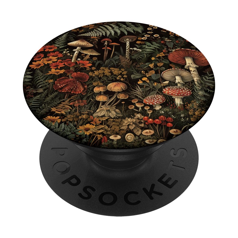 Aesthetic Vintage Nature Cottagecore Mushroom On Black PopSockets Adhesive PopGrip