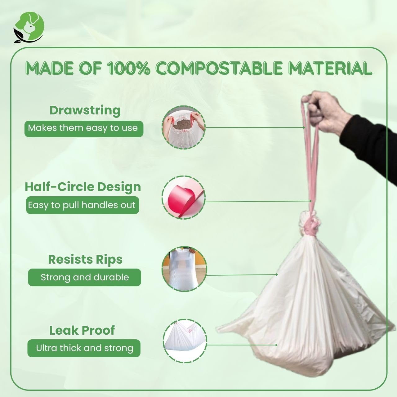 Revestimientos para robot de arena – Compatible con Litter Robot 3/4 – 25 pulgadas x 16 pulgadas – Cierre de cordón – Libre de olores y toxinas – 100% compostable – 40 micras de grosor – Resistente a