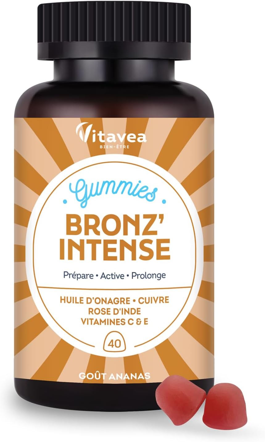 Vitavea – Bronz’Intense Solar Gummies – Bronz’Intense – Food Supplement – Prepare, Active, Prolonging – Tinted Complexion – Evening Primrose, Copper, Indian Rose, Vitamins C & E – 40 Gummies – Vegan