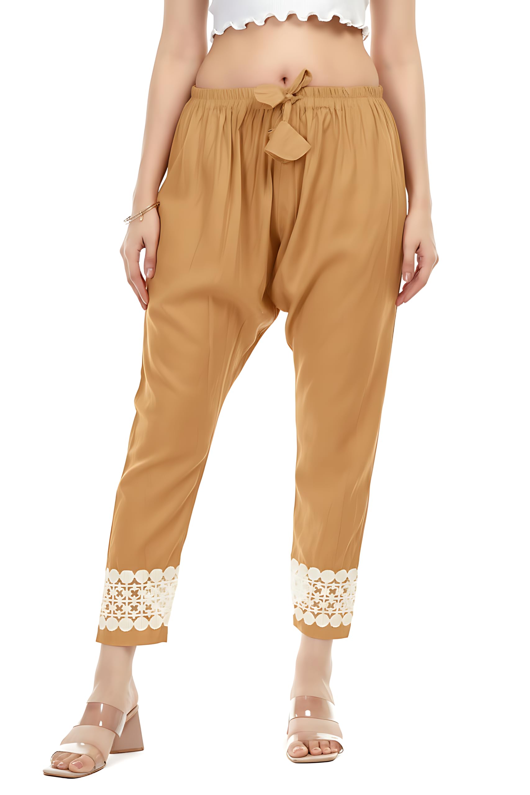 Dot Lace Tapered Pant for Women | Rayon Ankle Fitted Zero Mori Ethnic Pants with White Cut‑Work Lace Hem-image-32