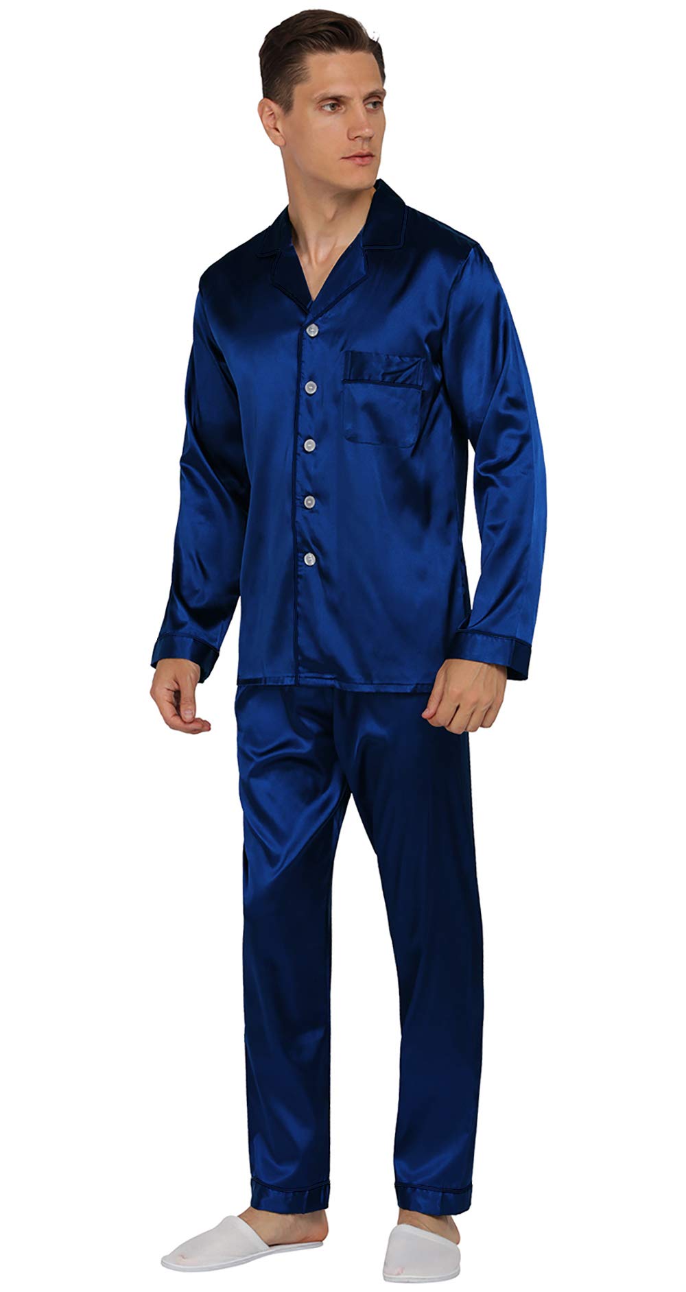 YIMANIEMens Pajamas Silk Satin Pajamas for Men Soft Sleepwear Button Down Loungewear with Pockets Pure Blue