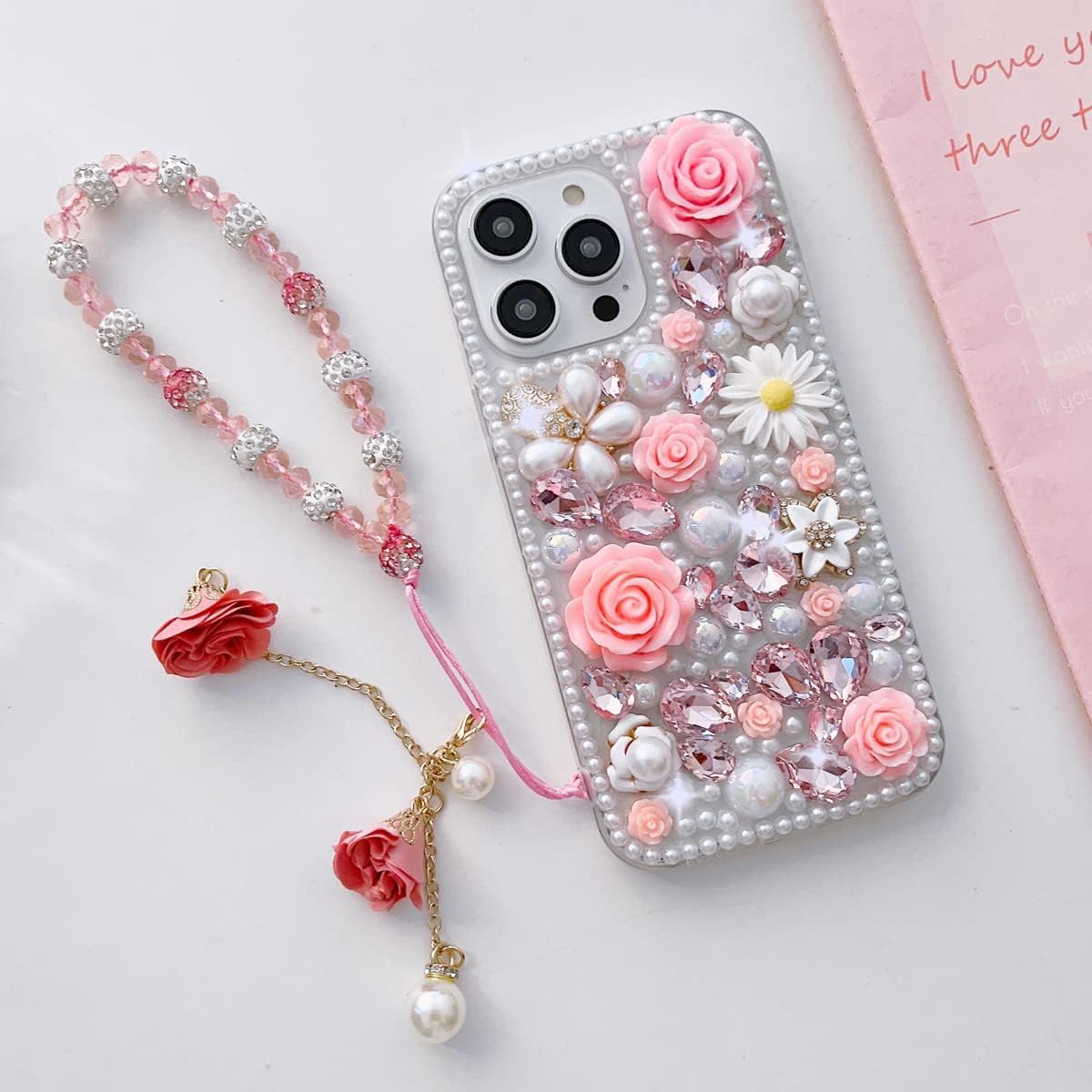 for iPhone 16 Glitter Bling Case,Cute Luxury 3D Sparkle Shiny Crystal Rhinestones Flowers Gems Diamond Pearl with Lanyard Wrist Strap Women Girls Protective Case for iPhone 16 6.1 Inch (Pink) - Image 7