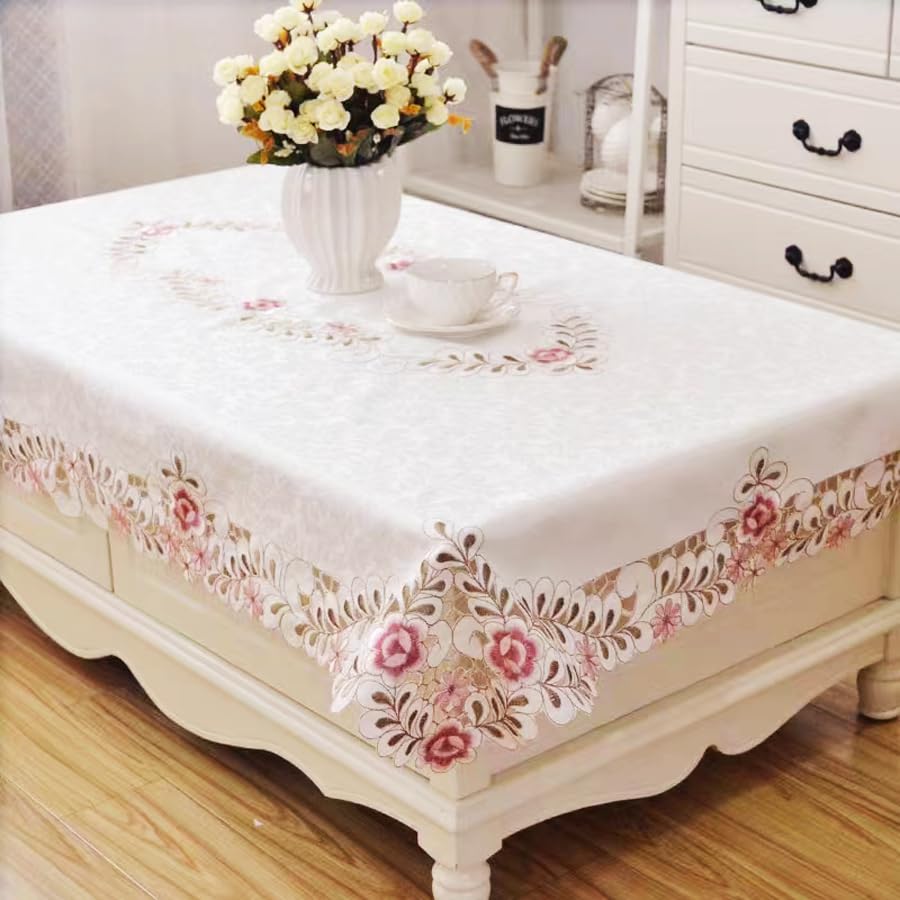 MULBESSFlower Embroidered Lace Tablecloth Damask Dust-Proof Table Cloth Fabric Table Cover for Kitchen Dinner Picnic Outdoor and Indoor Home Decor (Rectangle/Oblong, 33 x 60 inch)