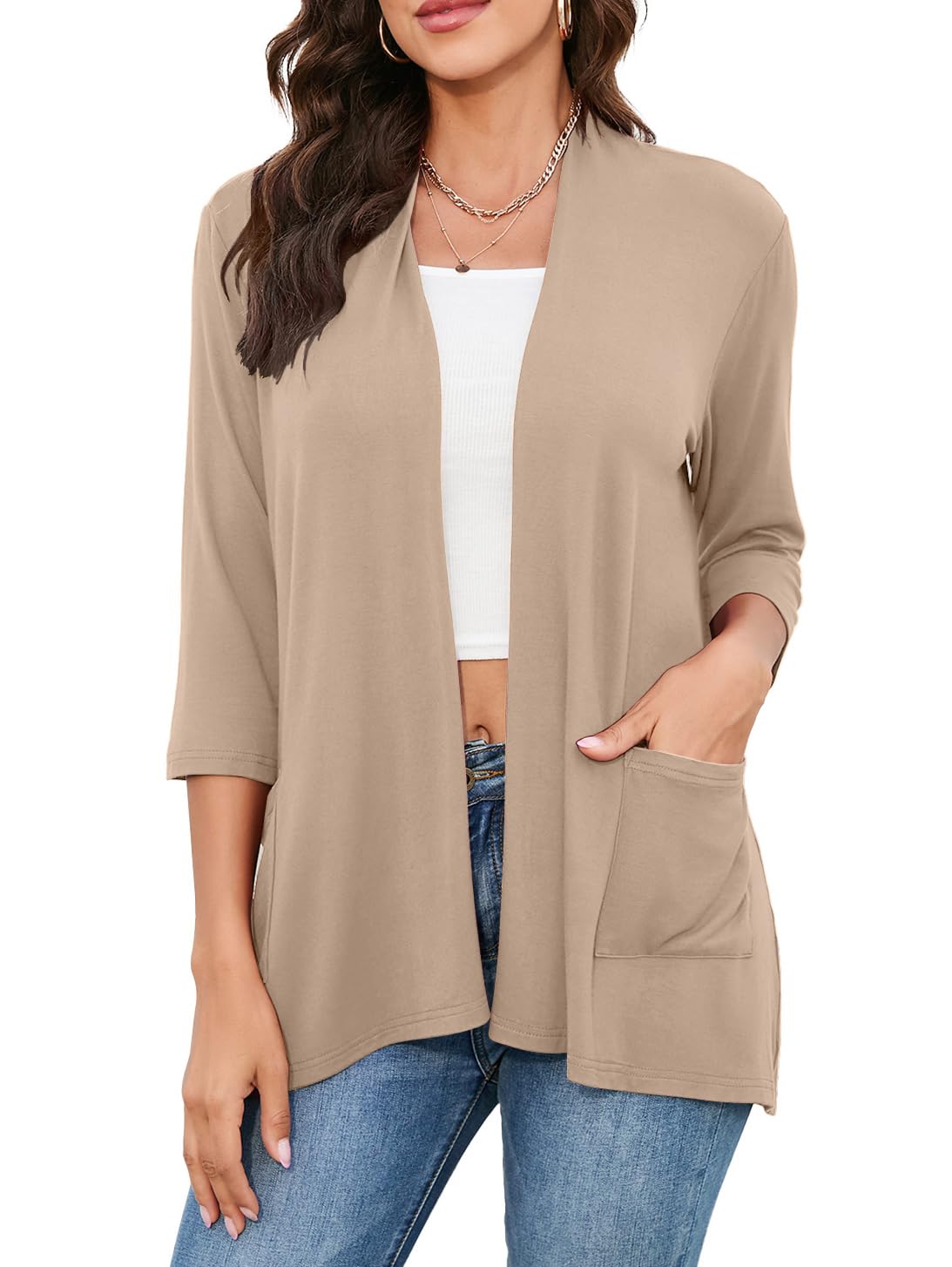 HIYIYEZI Womens Casual Lightweight Cardigans with Pockets 3/4 Sleeve Open Front Dusters