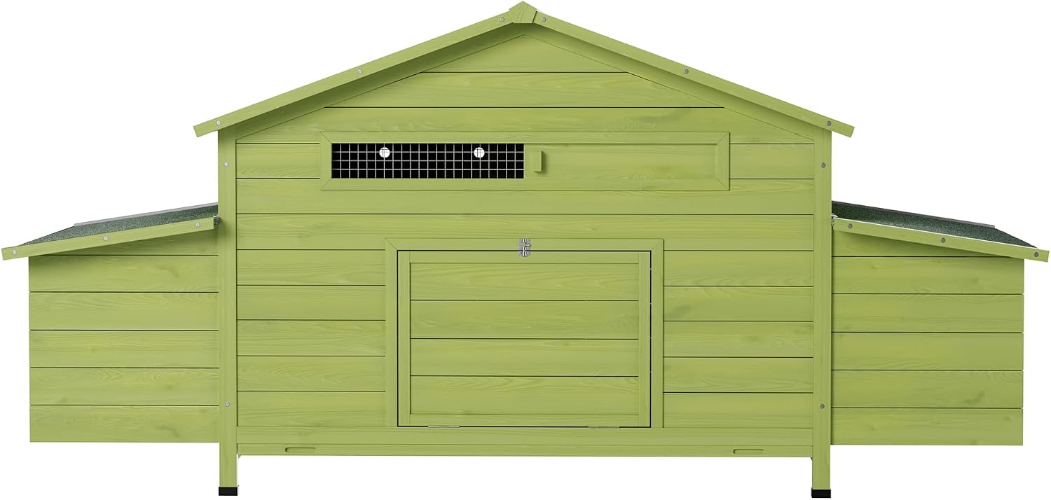 Wooden Chicken Coop for 2-4 Chickens, 69.9" Large Chicken House Poultry Pet Hutch with 2 Sides Nesting Boxes, Outdoor Chicken Tractor with 2 Free-Range Doors Leakproof Tray, Green