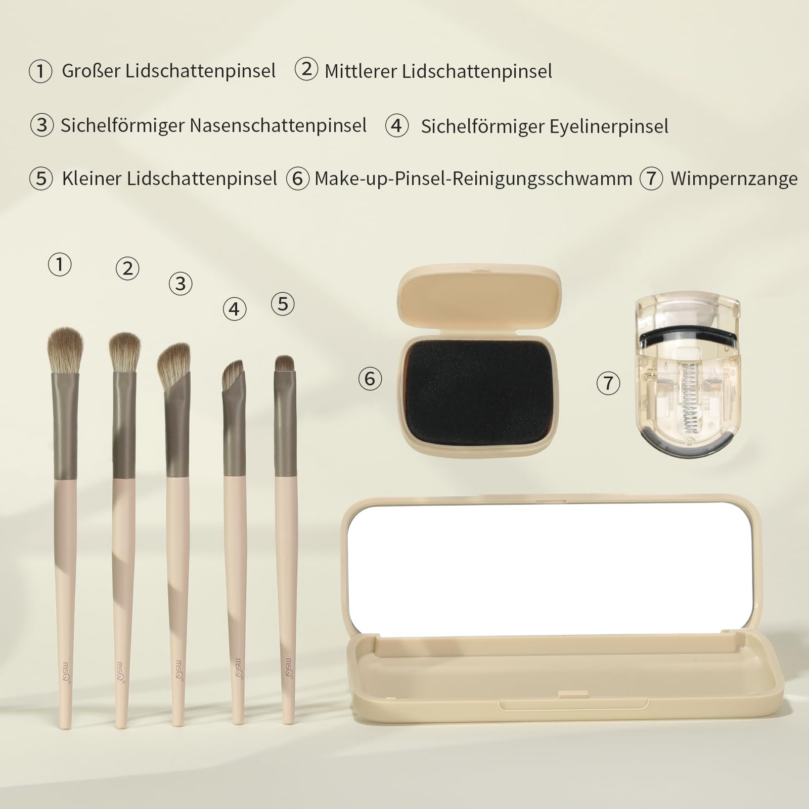 MSQ Juego de 5 pinceles de maquillaje para días con espejo de maquillaje | 1 rizador de portátil, 1 cepillo de maquillaje caja de esponja de limpieza