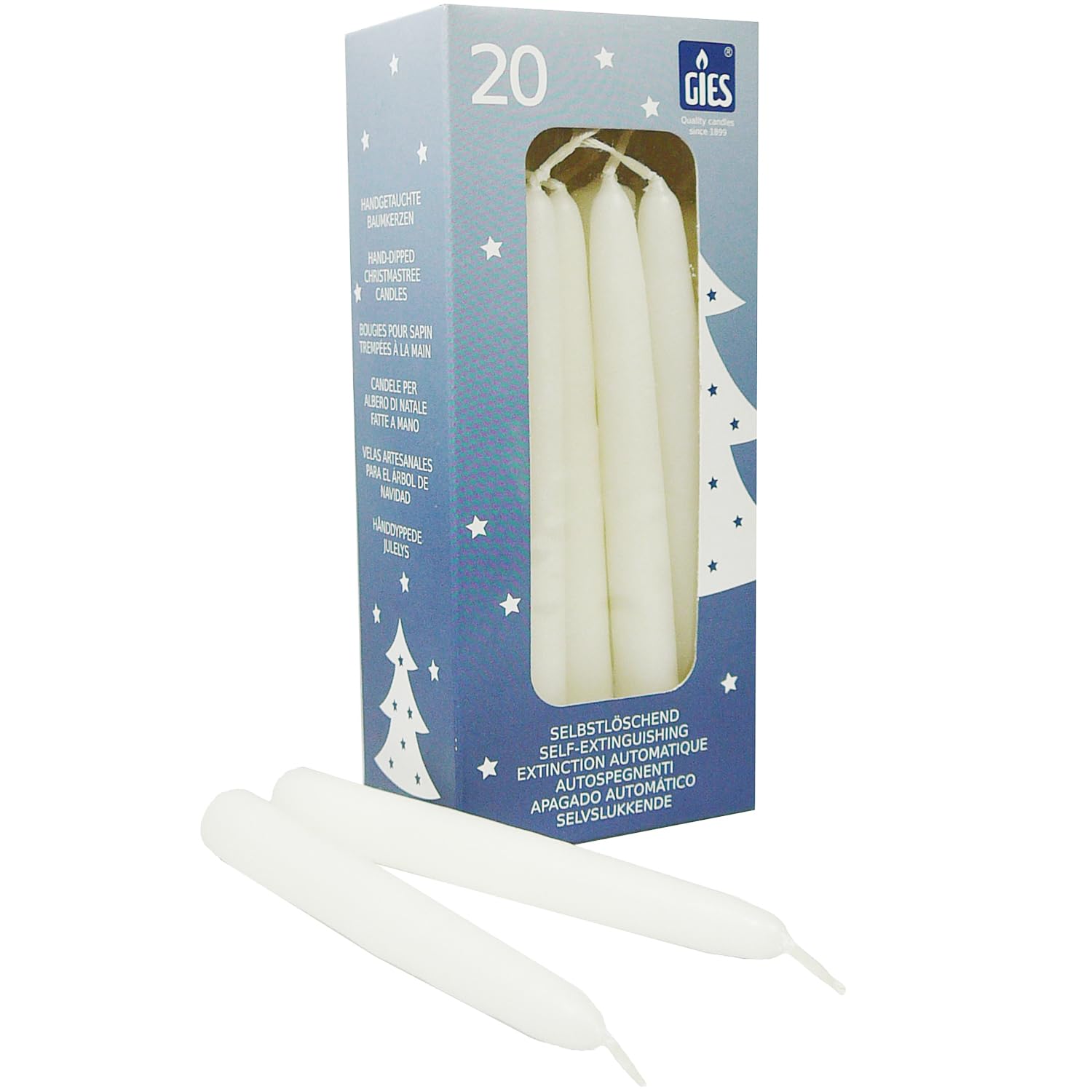 Gies Kerzen Set | 200 Stück selbstlöschende Baumkerzen | 12,4 cm x 1,2 cm Weiß | Handgetauchte Qualität