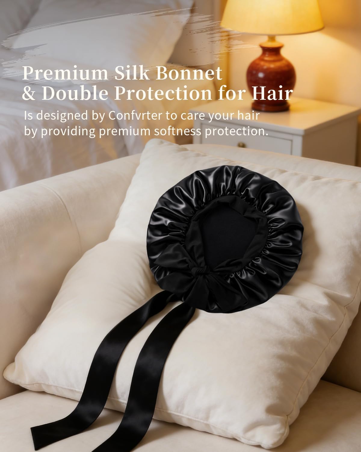 Silk Bonnet for Women, Satin Bonnet for Sleeping, Large Sleep Cap with Elastic Tie Band for Curly Hair (Black)