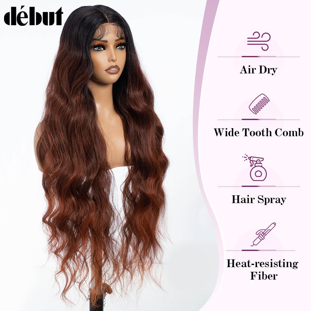 Body Wave Long Wavy Lace Front Wigs 13x4 Middle Part Synthetic Wig for Women Slight Pre Plucked Hairline with Baby Hair Highlight Copper Brown Mixed Ginger Brown Color 36 Inches