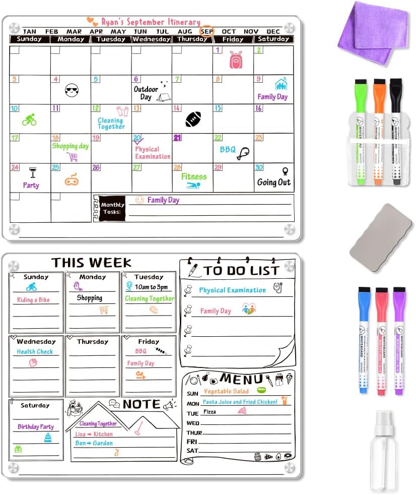 Acrylic Magnetic Whiteboard for Fridge, Acrylic Calendar for Fridge, Dry Erase White Board for Fridge Monthly and Weekly Calendar - 16"x12" Size- Includes 6 Color Dry Erase Marking