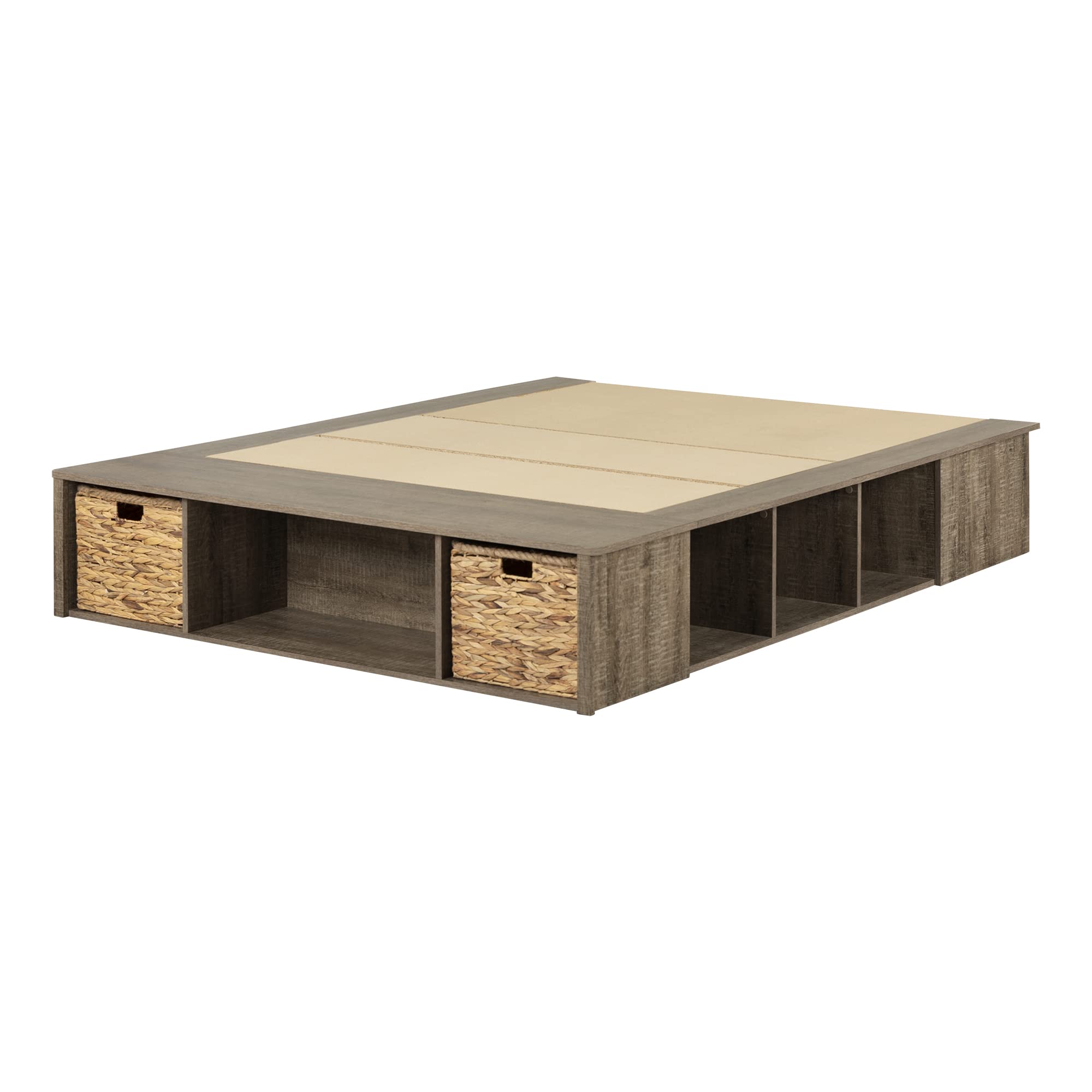 (item similar incomplete)South Shore Prairie Storage Platform Bed with Wicker Baskets, Queen, Weathered Oak