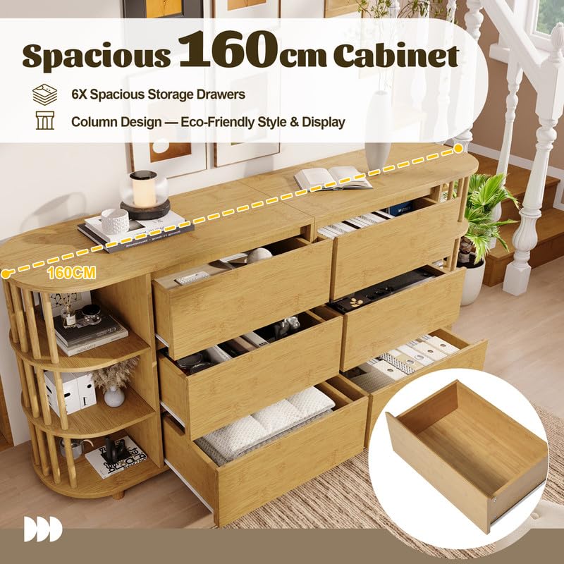 Commode Buffet 160cm chêne, 6 tiroirs et étagères ouvertes, Pieds réglables en Hauteur, Avec Montants et étagères en Bambou, Oak 160x40x75 cm