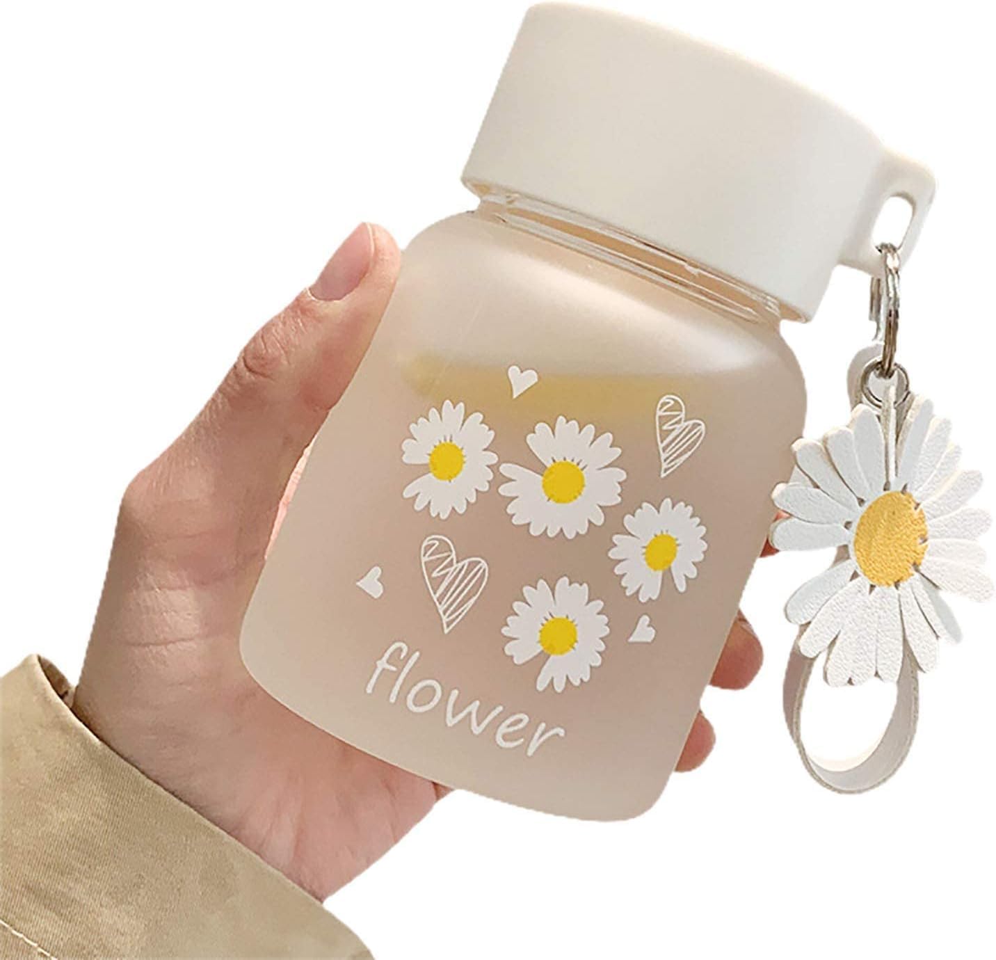 Cute Flower Glass Water Bottle with Lid & Daisy Keychain | Frosted Aesthetic Reusable Milk Juice Coffee Tumbler | Leak Proof Eco-Friendly Travel Cup for Girls & Women-image-34