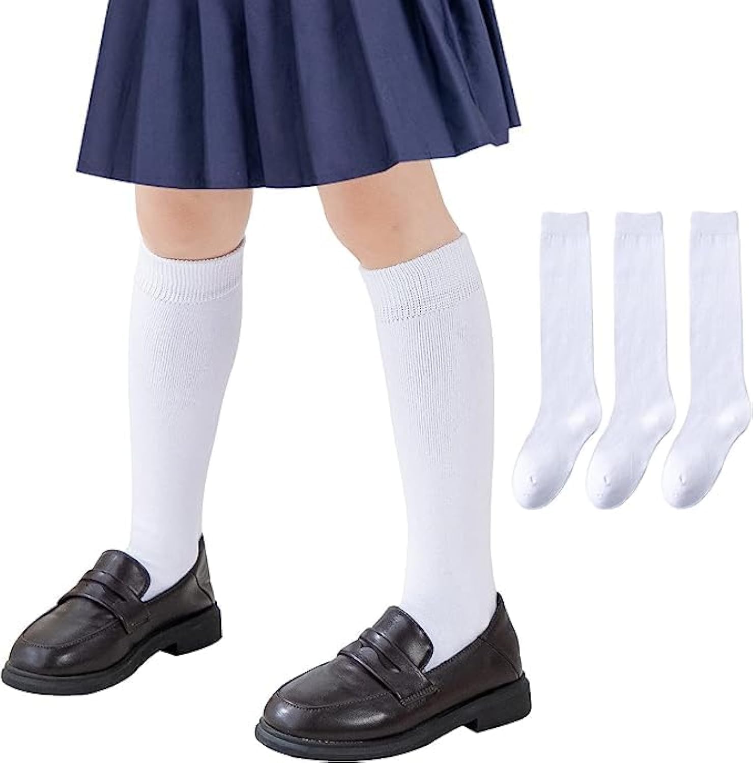 SZYYQGirls Knee High Socks for Dress, Fashion Knit Socks, Ribbed School Uniform Socks 3 Pairs Seamless Tube Socks Unisex Kids Socks 8-10 Years Old