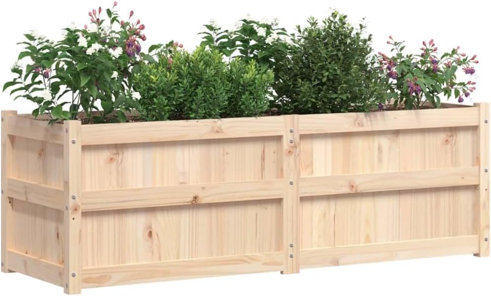 Large Garden Planter, Natural Solid Pine Wood, Rectangular Raised Bed for Outdoor Plants, Rustic Finish, 59.1 x 59.1 x 19.7 in