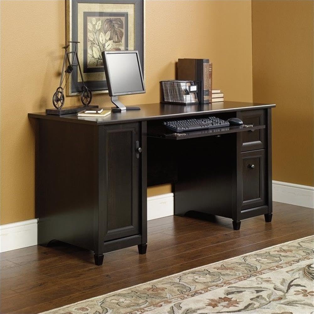 Pemberly Row Engineered Wood Computer Desk, Estate Black Finish, 59" W x 23.25" D x 29" H, 2 Drawers with File Storage, Keyboard Tray, Adjustable Shelf, Solid Wood Accents for Home or Office Use