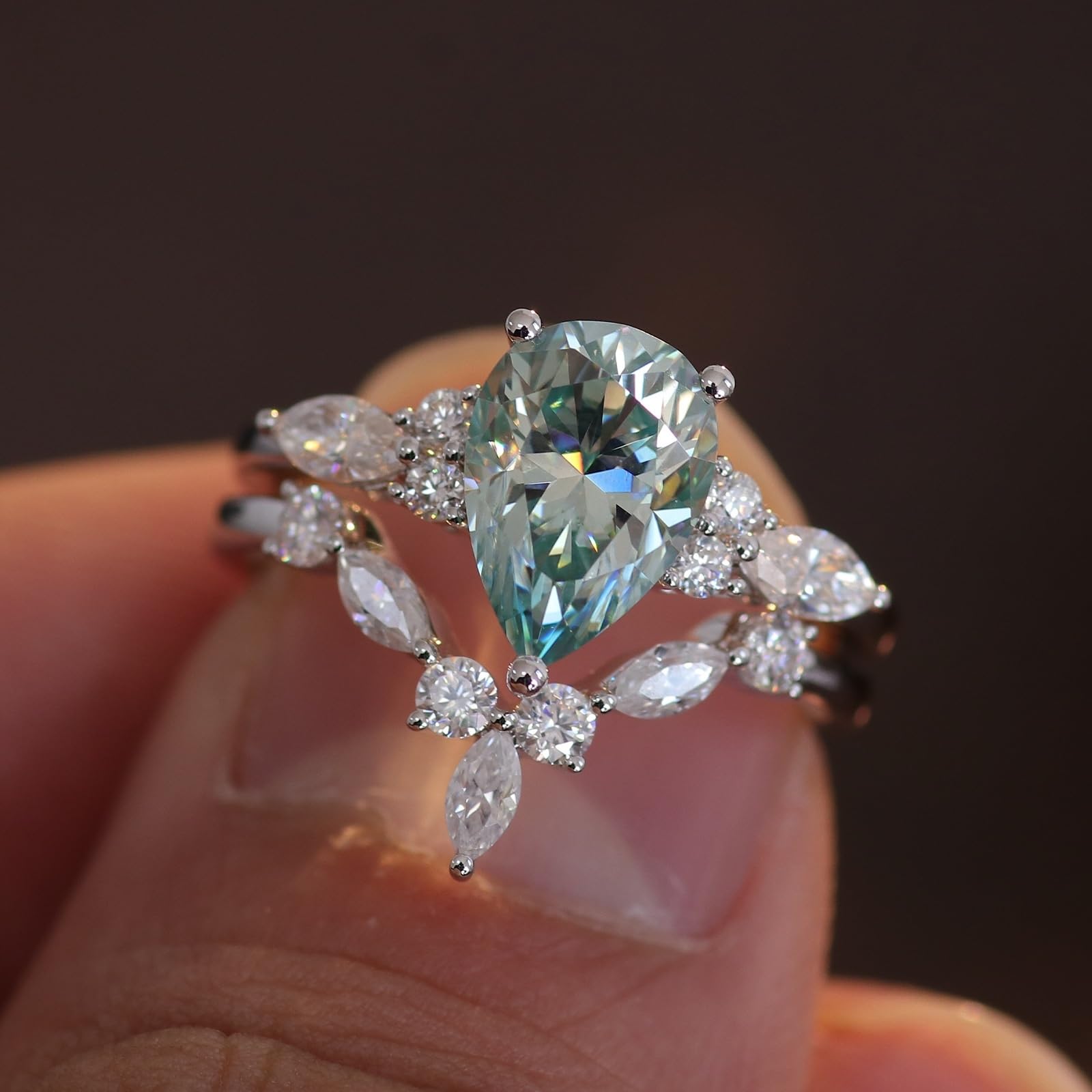 Anello da donna in oro bianco 18 carati, con incisione, set da 2 fedi nuziali, anello di fidanzamento 750 in vero oro bianco con moissanite 2 carati, misura 60 (19,1)