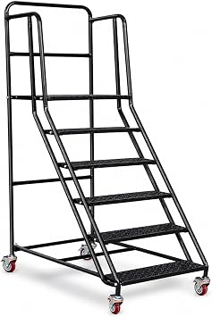 6 Steps Rolling Stairs, Step Ladders with Wheels and Handrails, Easy to Move, Warehouse Non-Slip Rolling Stairs withFence, Rolling Step Stool for Warehouse, Supermarket, Library Black, 6 Stpes