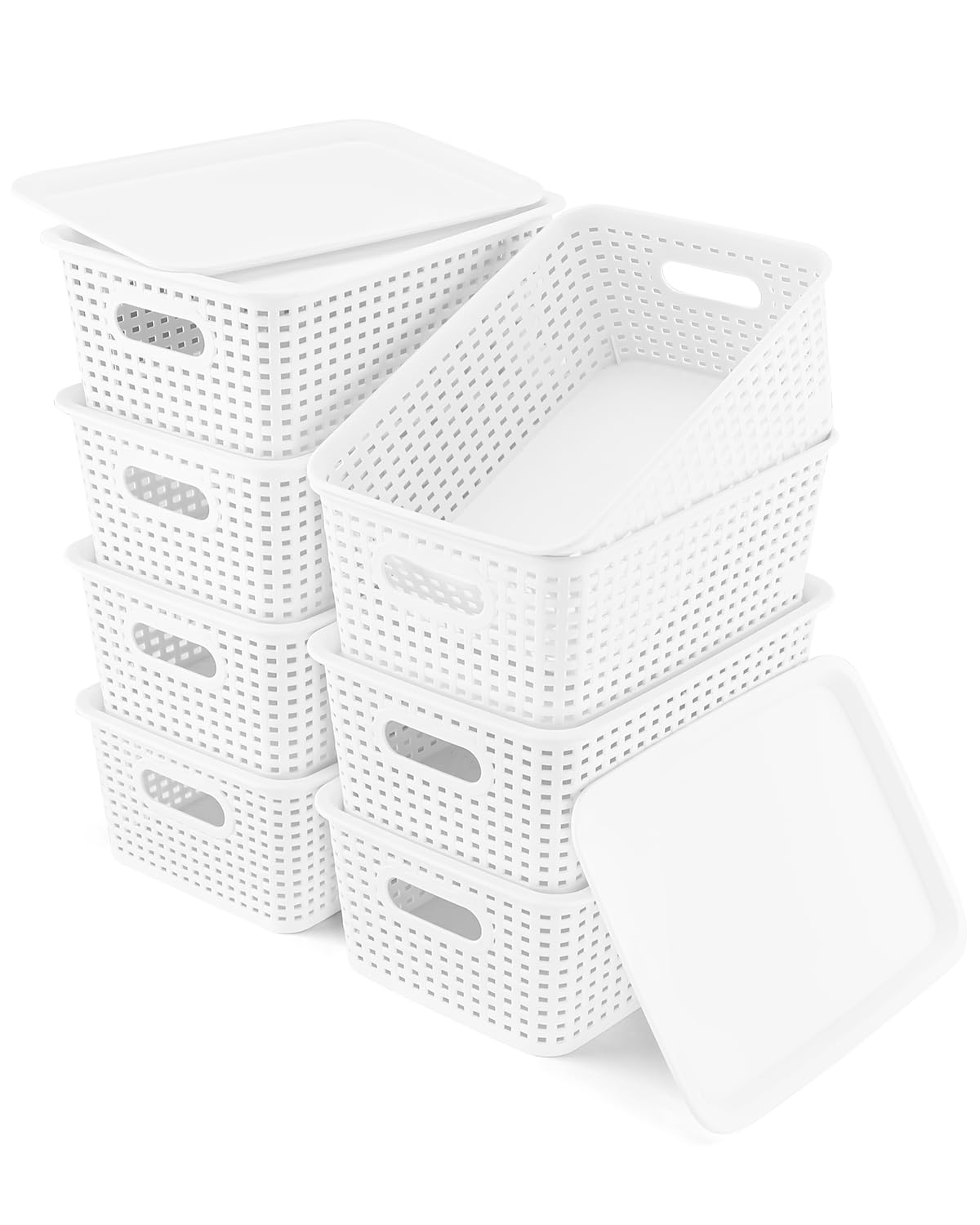 EOENVIVS Storage Bins with Lids 8 Packs, Small Storage Organizer Bins and Plastic Storage Bins for Organizing Shelves Desktop Closet Pantry Playroom Classroom Office, White