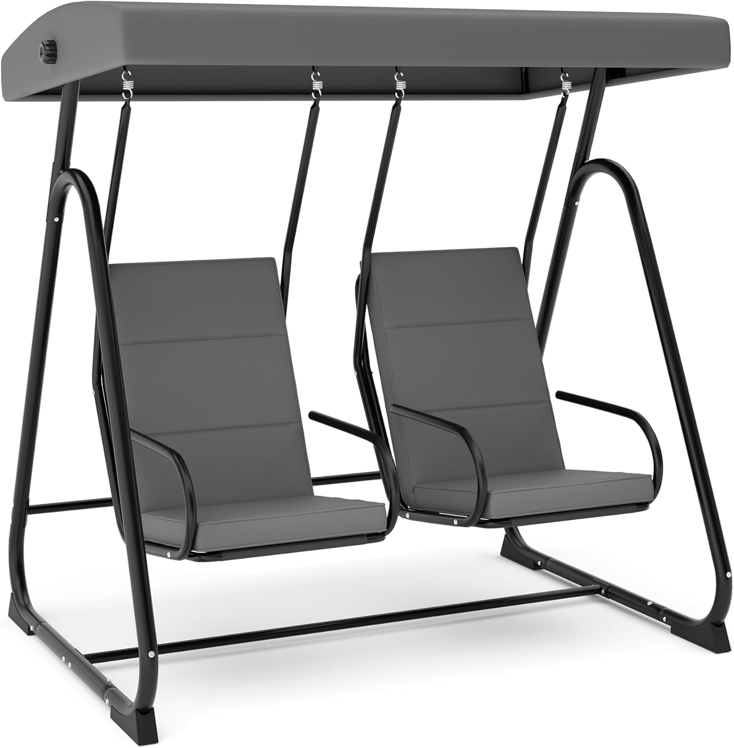 2-Person Outdoor Porch Swing Chair with Adjustable Canopy, Removable Cushions, Independent Swing Chairs for Porch, Garden, Balcony, Poolside, Backyard, Dark Grey