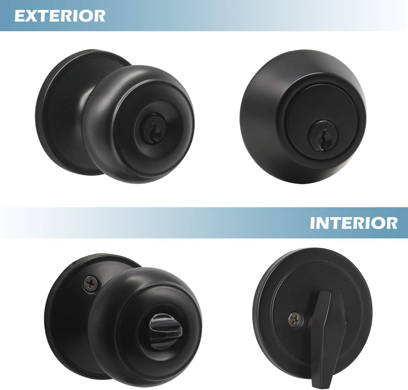 GOBEKOR Hardware Keyed Alike Entry Door Knob and Single Cylinder Deadbolt Lockset Combination in Matte Black,Exterior Keyed Front Door Handle with Lock and Deadbolt,(Ball Shape),1Pack