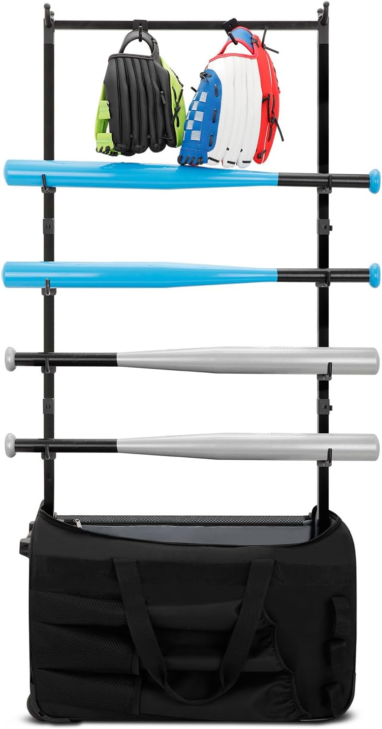 Baseball Bag with Wheels, Rolling Softball Bag for Baseball Gear, Catchers Gear Travel Case with Fence Hook, Portable Youth Equipment Duffel 4 Bat Rack for Boys & Girls, Reinforced Handle, Team-Ready