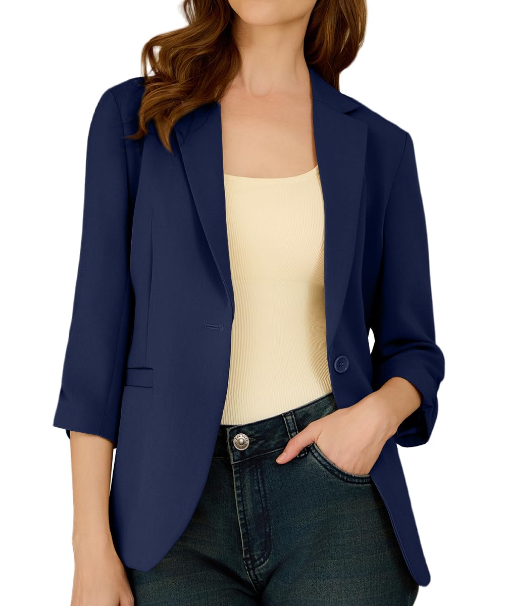 Suit Blazer for Women Open Front Business Work Office Outfit Ruched 3 4 Sleeve Slim Fit Jacket