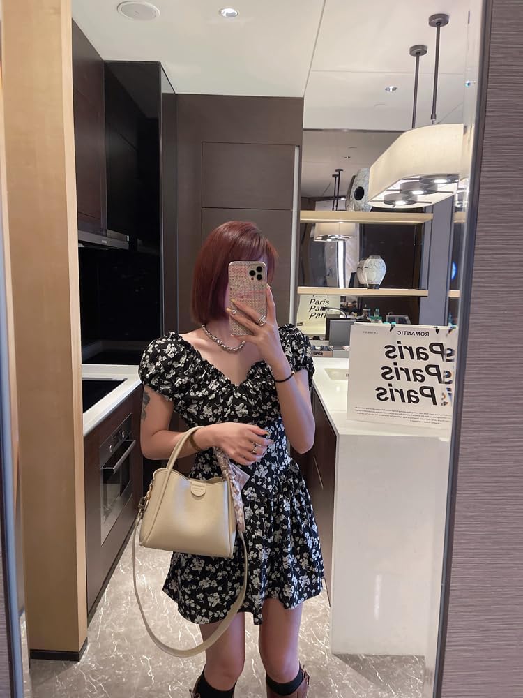 Women's bucket bag with silk scarf, black top handle shoulder bag, adjustable shoulder strap, elegant daily commuting handbag