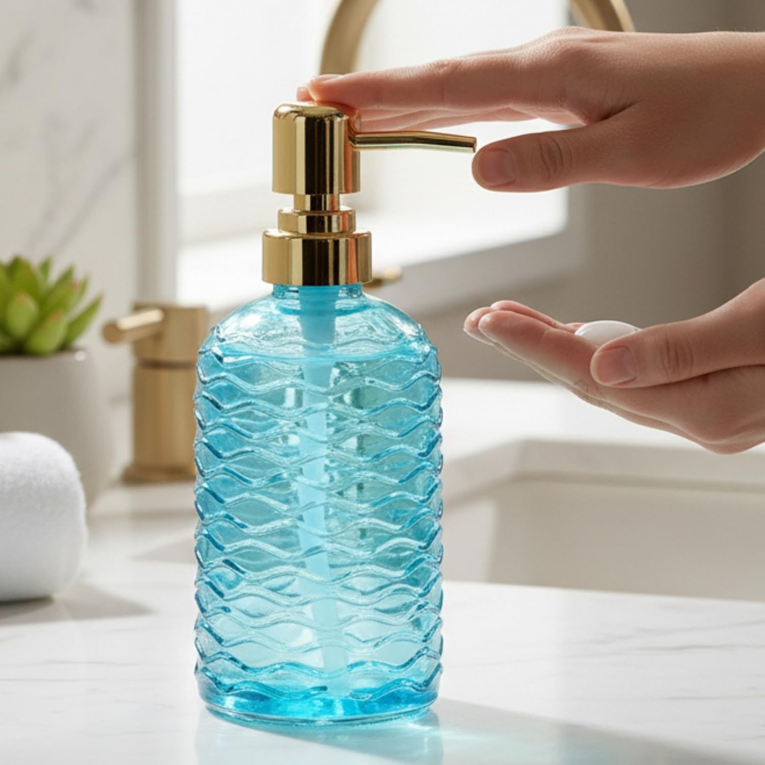 Kookee Glass Soap Dispenser with Refillable Pump Bottle | Bathroom & Kitchen Hand Wash Liquid Dispenser | Transparent Blue | (Set of 1) (11909)-image-9