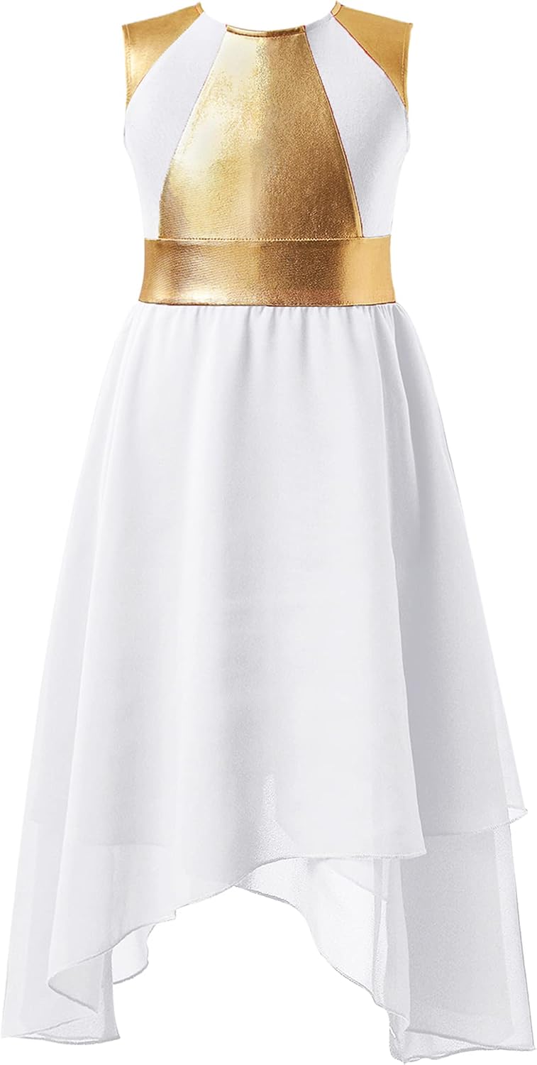 Hularka Kids Girls Sleeveless Gold Color Block Metallic Praise Dance Dress Liturgical Lyrical Worship Tunic Dancewear
