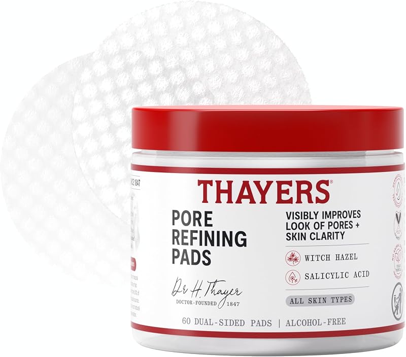 Pore Refining Toner Pads, Dual-Sided Exfoliating Pads with Witch Hazel, Salicylic Acid & Hyaluronic Acid to Improve Look of Pores and Skin Clarity, Made For All Skin Types, 60 Count