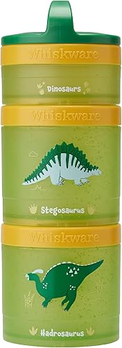 Whiskware Contenedores apilables de dinosaurio para niños y niños pequeños, 3 tazas apilables para aperitivos para la escuela y los viajes,