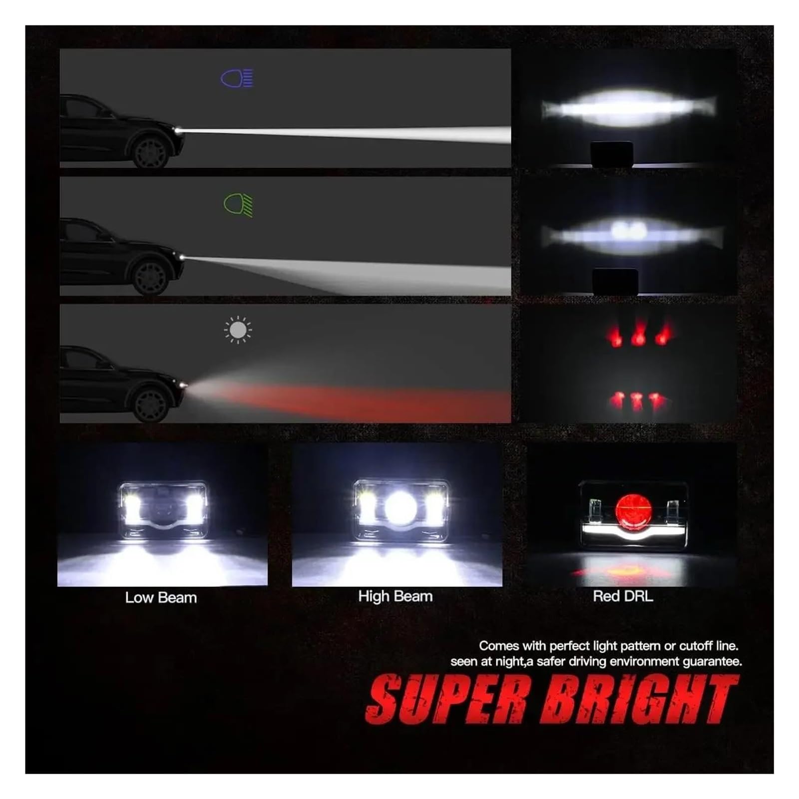 Generico Fari Anteriori Per Jeep Moto Camion Faro 12V 24V 4x6 Pollici LED Fari H4 Luce Lavoro Sostituzione Quadrata Ricambi Per Luci Diurne(2 pezzi)