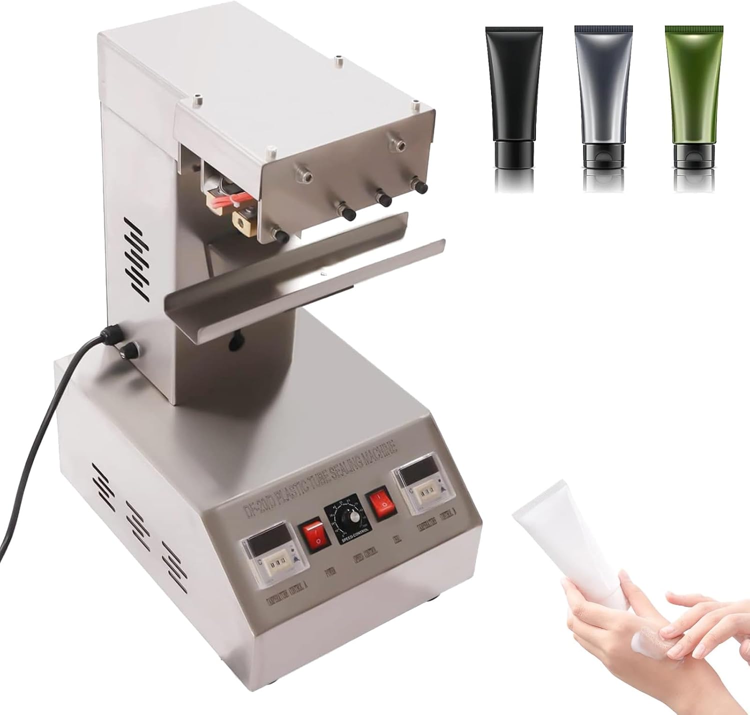 Electric Tube Sealing Machine, 250W Industrial Heating Tube Sealer with 0-300℃ Adjustable Temp and Speed Control, 3 in 1 Stainless Steel Sealing Tool, for Cosmetic, Toothpaste Packaging