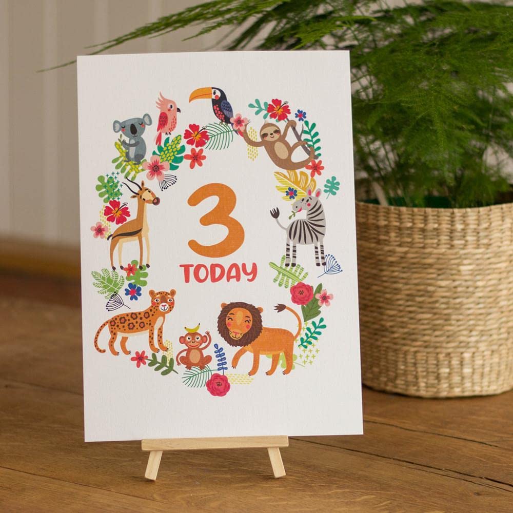 Rainforest Animals 3rd Birthday Sign and Easel, Animals Childrens Birthday Sign, 3 Today Card Easel, Birthday Decoration Sign, Animal Party
