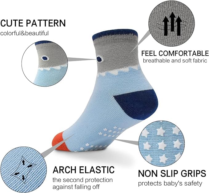AIQIBAO 12 Pairs Anti Slip Socks With Grips, Funny Children Socks For 1-7 Years Old (S, Boys)