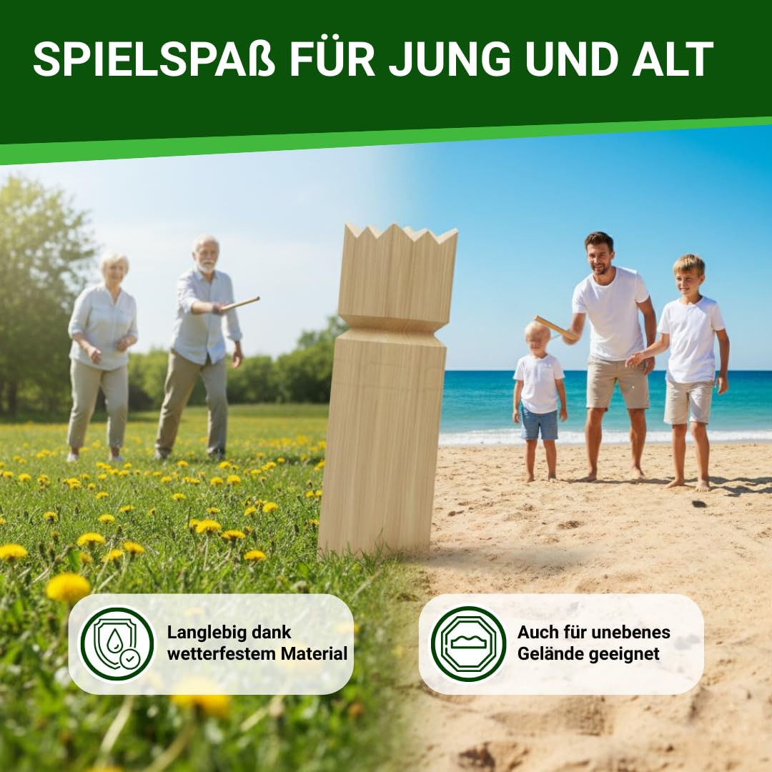 Kubb Wikingerschach aus Holz, Outdoor-Wurfspiel inkl. Tragetasche & Spielanleitung aus FSC Gummibaumholz, Turniergröße, Wikinger Schach Holz outdoor, Rasenschach, Outdoor Spiel, Wikinger Spiel outdoor
