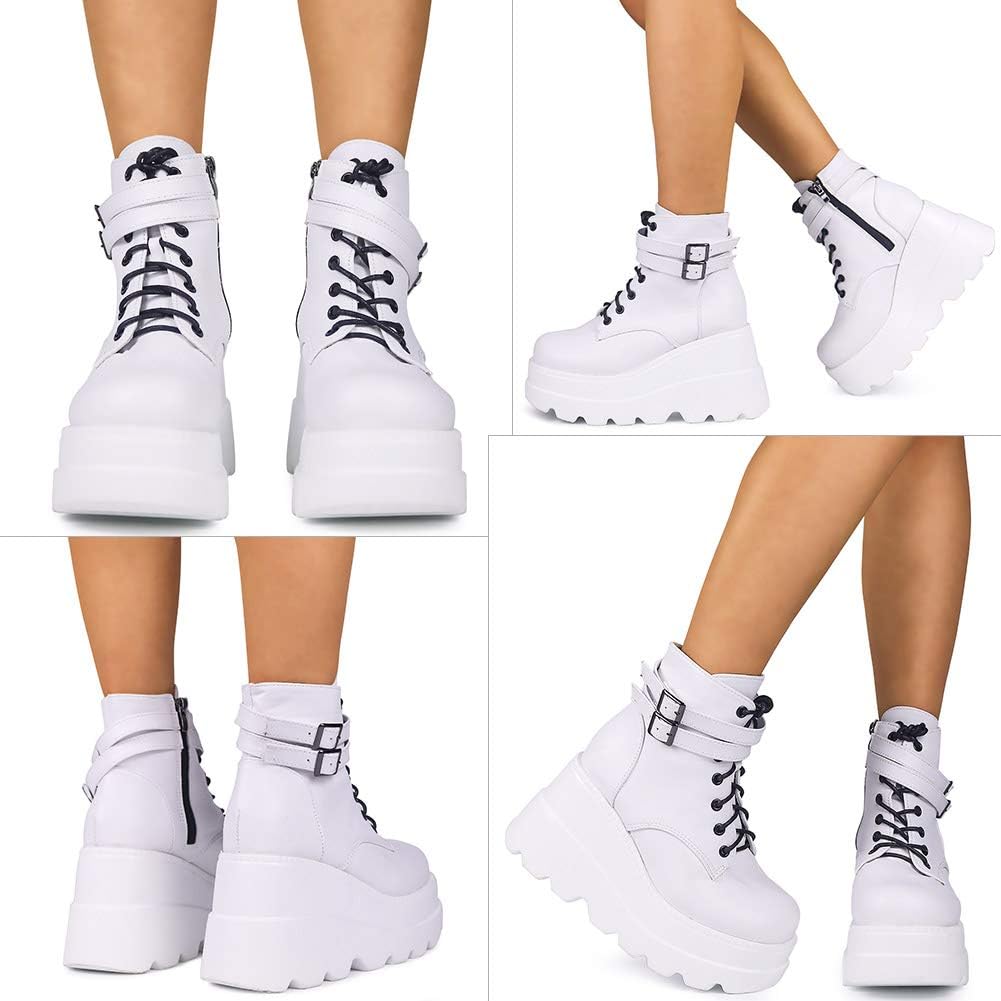 CELNEPHO Chunky Platform Boots for Women, Square Toe Lace up Zip High Heel Combat Wedge Ankle Boots - Image 3