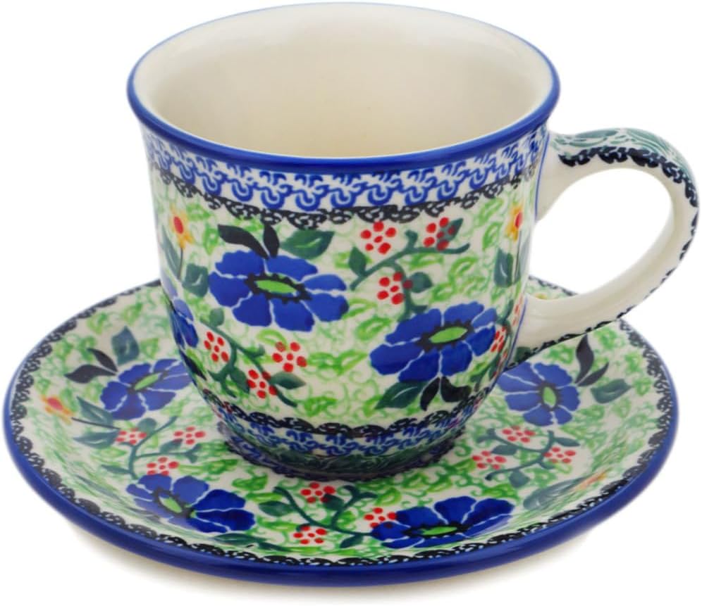 Polmedia Polish Pottery Cup with Saucer UNIKAT - Poppy Fields Pattern Handmade in Boleslawiec Poland by Ceramika Artystyczna + Certificate of Authenticity