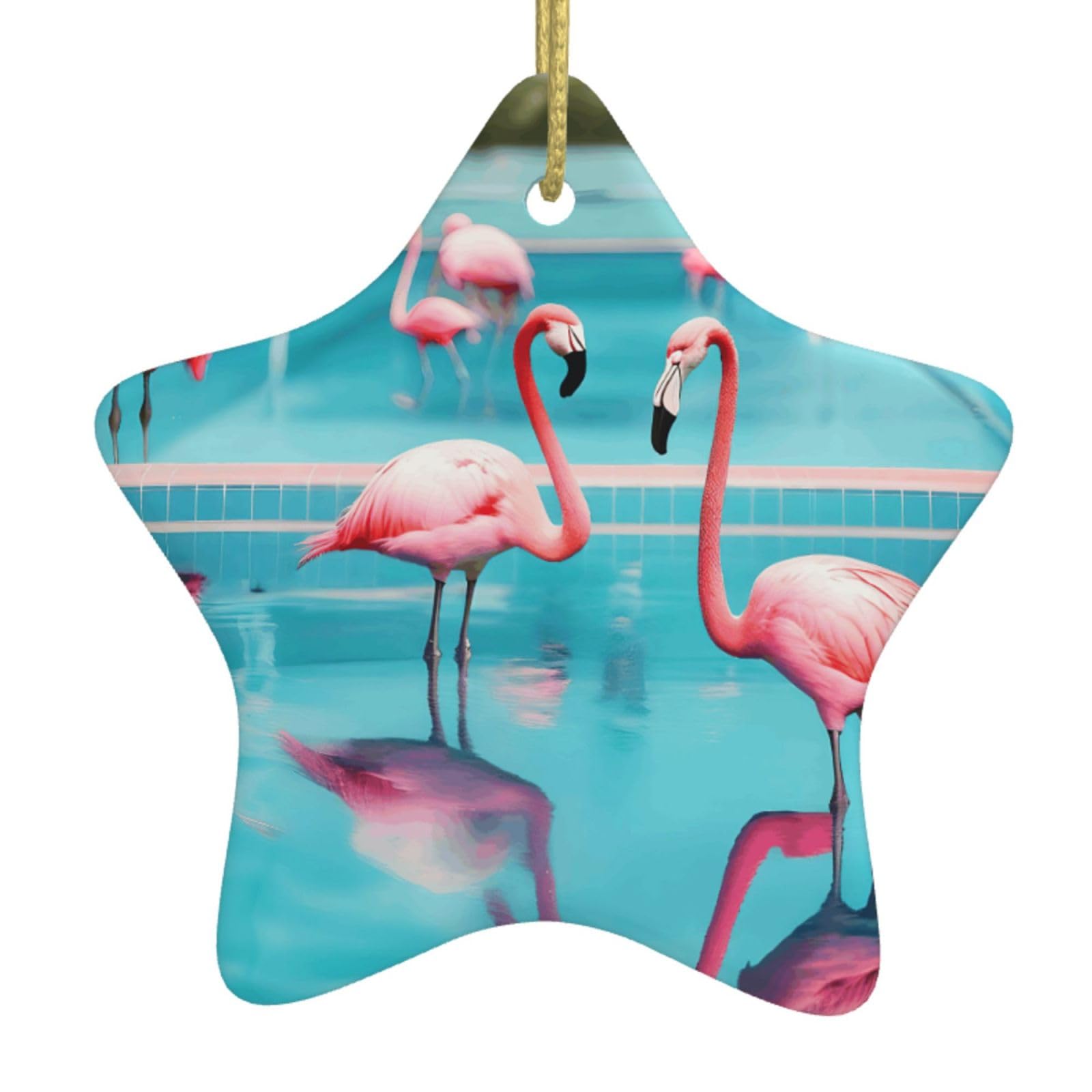 Nbtghga White Flamingo And Swimming Pool Print Christmas Ornaments, Ceramic Hanging Ornament, Round Shape Decorations