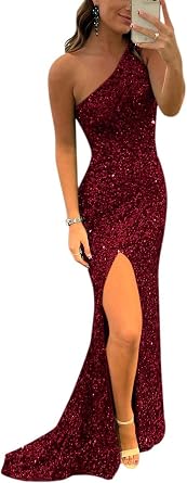 Womens Sexy One Shoulder Sequin Mermaid Prom Dresses Long Side Split Evening Dress Formal Party Gown