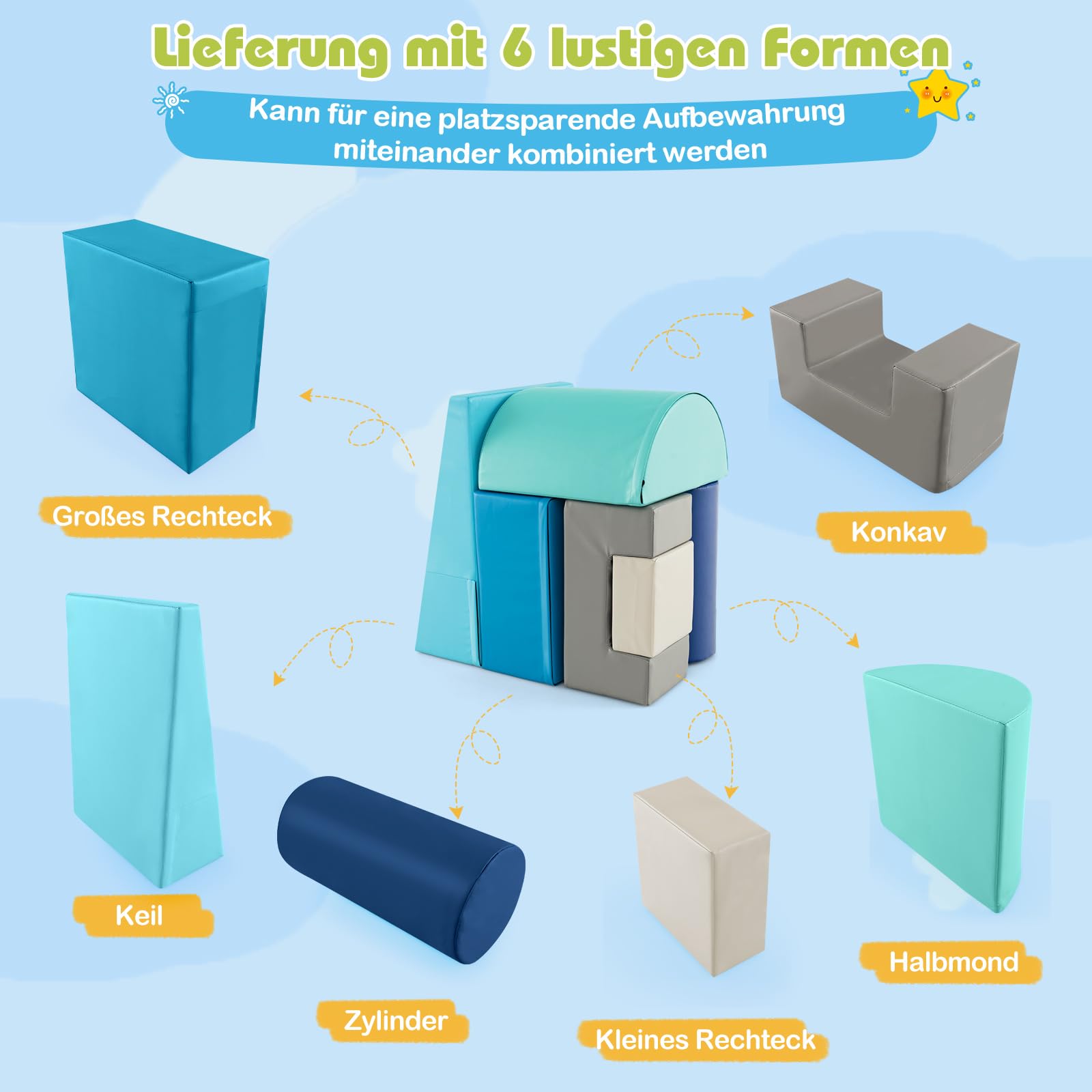 GOPLUS 6 TLG. Schaumstoffbausteine, Softbausteine zum Klettern & Rutschen, Riesenbausteine aus Kunstleder & Schaumstoff, Großbausteine Softbausteine für Baby Kleinkinder (Pfauenblau)